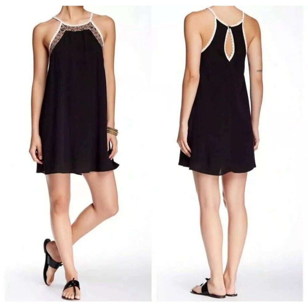 House Of Harlow 1960 June Embroidered Black‎ Gauze Boho Mini Dress Size Medium